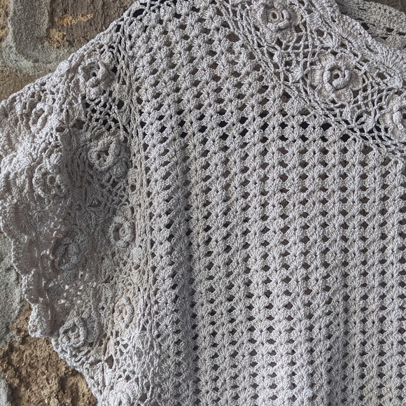 Vintage 70s Bando Hand Made Crochet Blouse Beige Neutral Medium - Picture 2 of 7